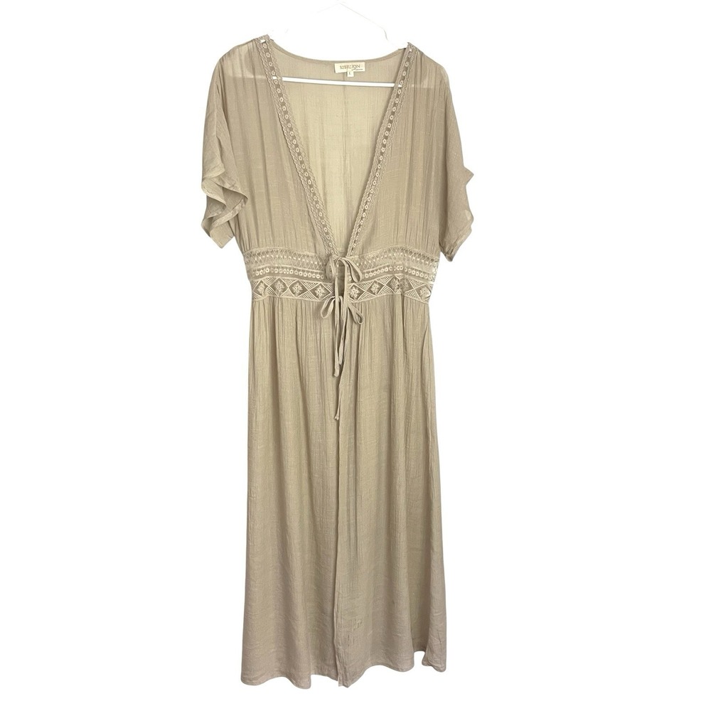 Rebellion Womens Boho Duster‎ Topper Size L Beige Short Sleeve Lace Open Front